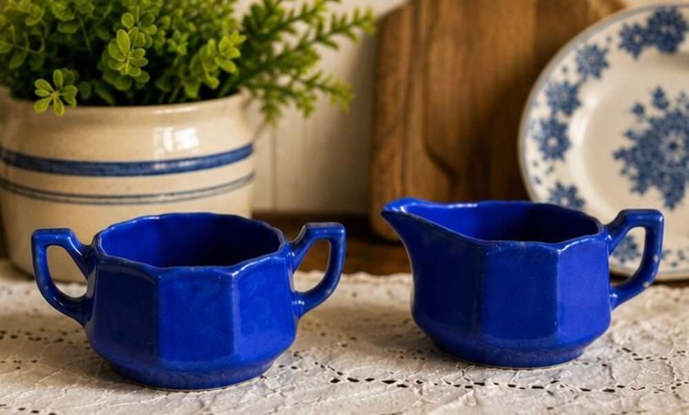 Vintage Cobalt Blue Ceramic Creamer and Sugar Bowl Set USA Pottery